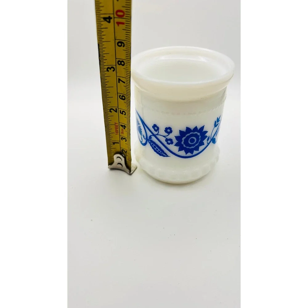 Vintage Milk Glass Blue Floral Toothbrush Holder Vanity Jar Scalloped Base